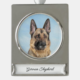 Deutsche Hirtenmalerei - Niedliche Original Hunde- Banner-Ornament Silber