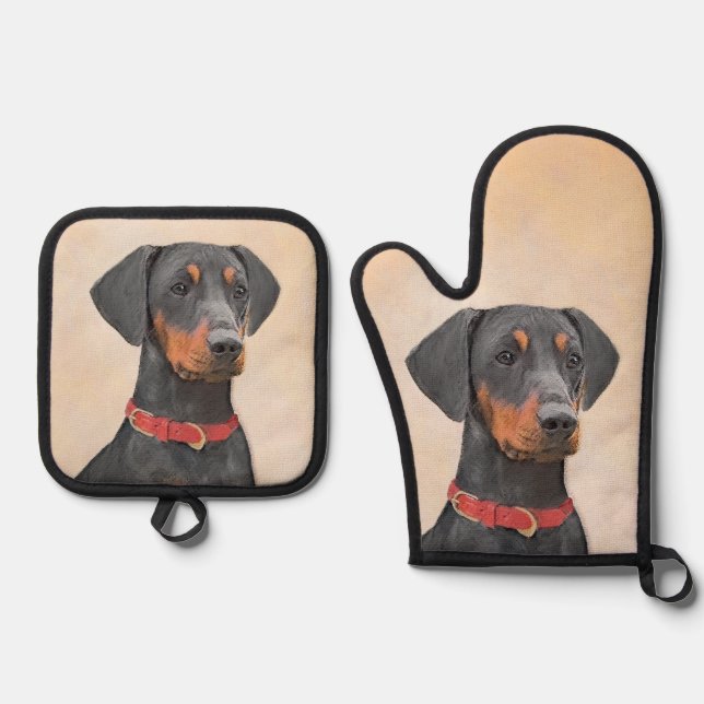 Deutsche Pinscher Malerei Schwarzer Original Hund  Ofenhandschuh & Topflappen-Set (Vorderseite)