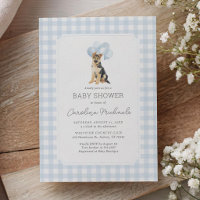 Deutsche Schäferhund Baby-Party mit blauem Gingham
