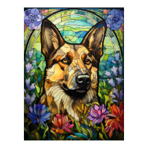 Deutsche Schäferhund-Buntglas-Blumenfensterkunst