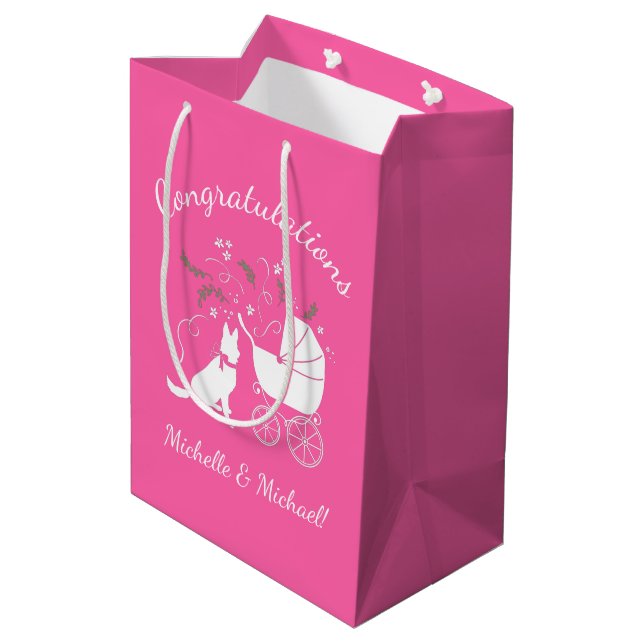Deutsche Schäferhund Dog Baby Dusche Pink Girl Mittlere Geschenktüte (Rückseite Schrägansicht)