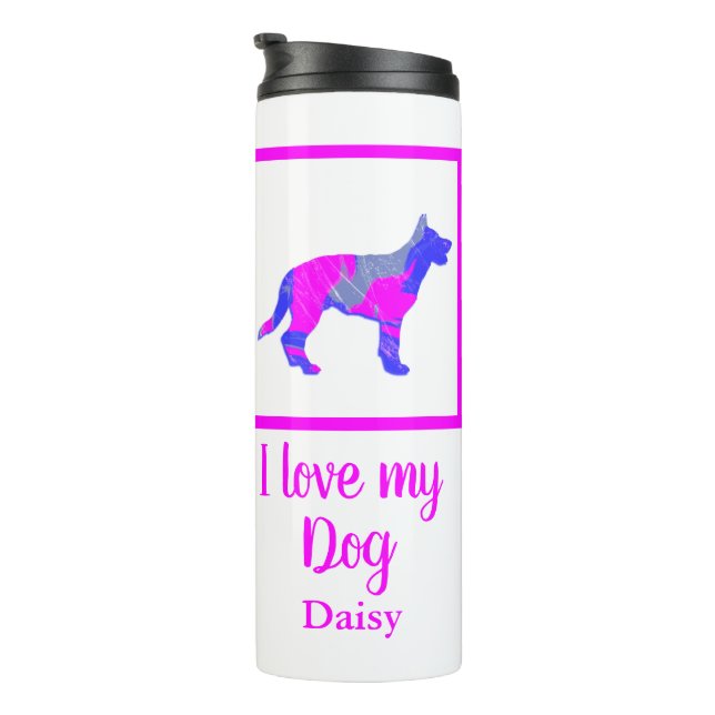 Deutsche Schäferhund Dog Hot Pink & Blue Silhouett Thermosbecher (Nach rechts gedreht)