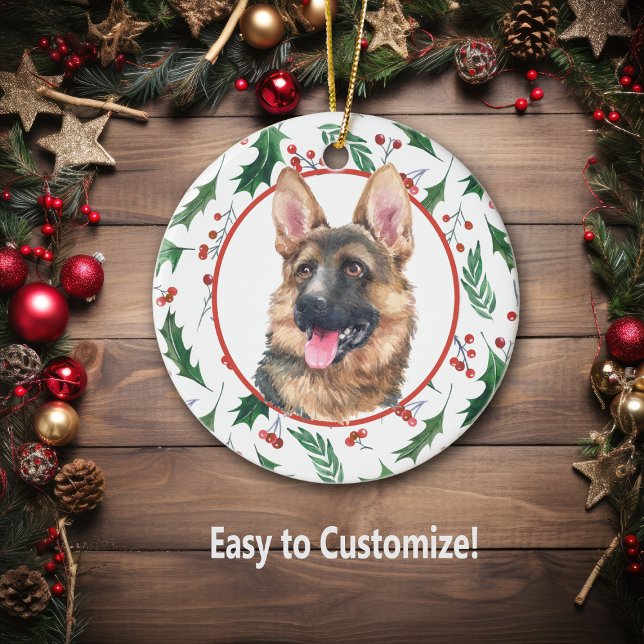 Deutsche Schäferhund Dog Red Berry Holly Border Ke Keramik Ornament (Von Creator hochgeladen)