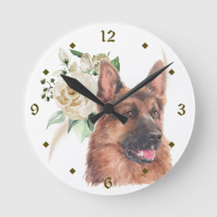 Deutsche Schäferhund Dog White Rose Bouquet Runde  Runde Wanduhr