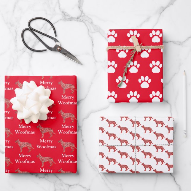 Deutsche Schäferhund Silhouette Red Merry Woofmas Geschenkpapier Set (Vorderseite)