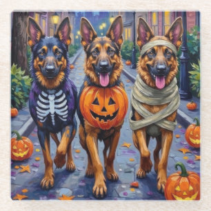 Deutsche Schäferhunde beim Halloween-Süßigkeiten-S Glasuntersetzer