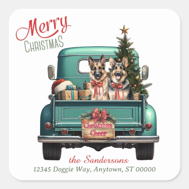 Deutsche Schäferhunde Retro Lkw Weihnachten Quadratischer Aufkleber (Vorderseite)