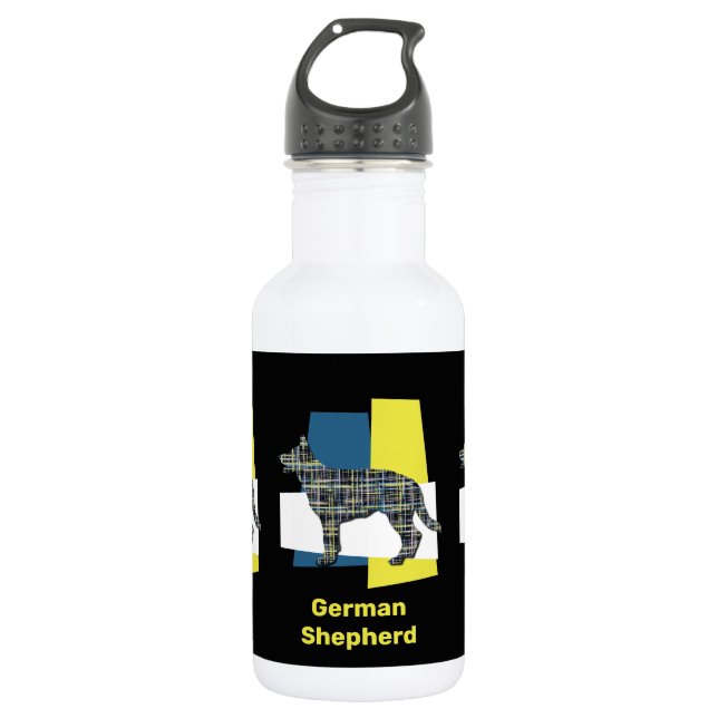 Deutsche Schäferhunde Silhouette Gelb & Blau Grid Edelstahlflasche (Vorderseite)
