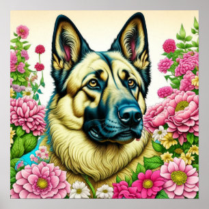 Deutsche Schäferhunde und Whimsikale Blume Poster