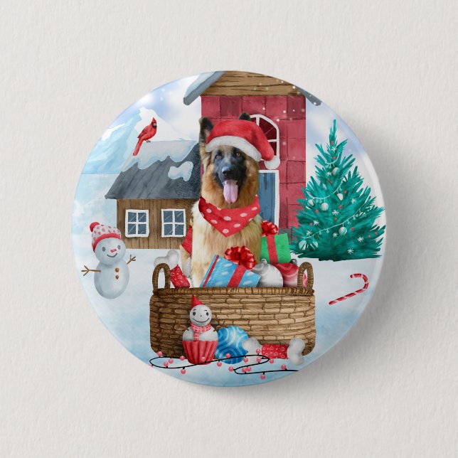 Deutsche Schäferhündin im Schnee Weihnachtshundeha Button (Vorderseite)