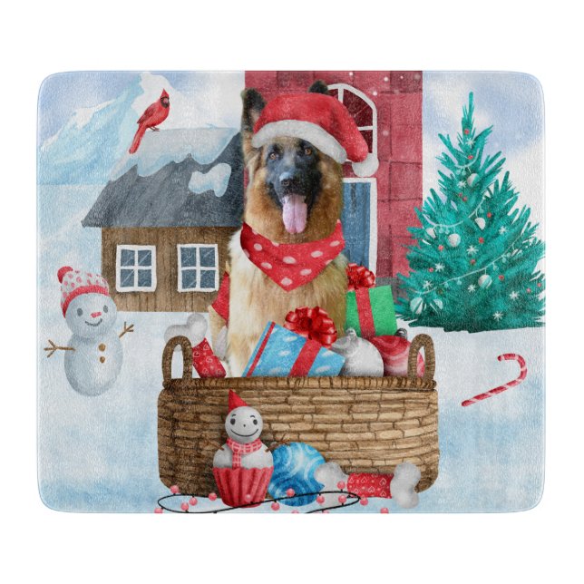 Deutsche Schäferhündin im Schnee Weihnachtshundeha Schneidebrett (Vorderseite)