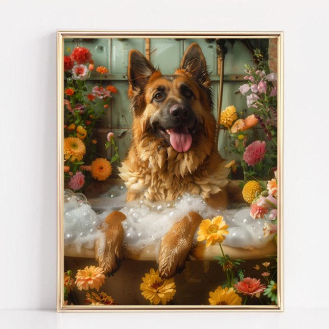 Deutsche Schäferkunst, Deutscher Schäferhund in Ba Poster (German Shepherd Art - German Shepherd enjoying a relaxing bath full of bubbles and beautiful flowers)