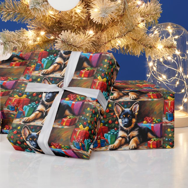 Deutsche Schäferwelpe, Weihnachtsbaum, Geschenke Geschenkpapier (Feiertage)