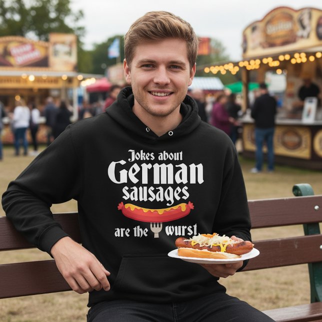 Deutsche Würstchen Hoodie (Jokes about German sausages are the wurst black hoodie, man at a food festival in Germany)