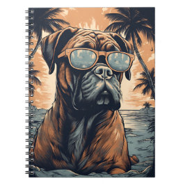 Deutscher Boxer mit Sonnenbrille an einem tropisch Notizblock