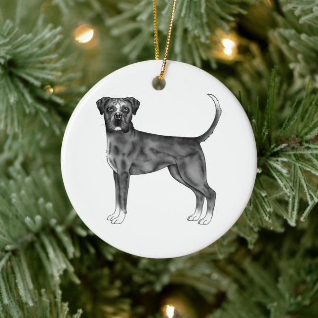 Deutscher Boxerhund in Schwarz-Weiß- und benutzerd Keramik Ornament (Baum)