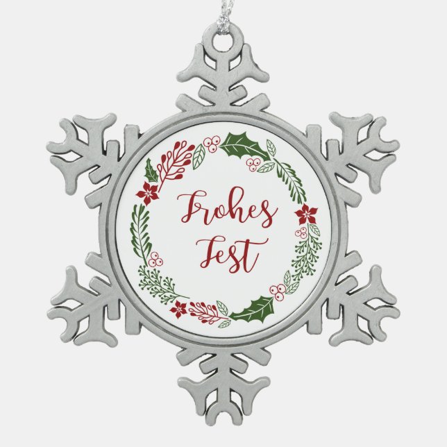 Deutscher Happy Holidays Wreath, Frohes Fest Schneeflocken Zinn-Ornament (Vorderseite)