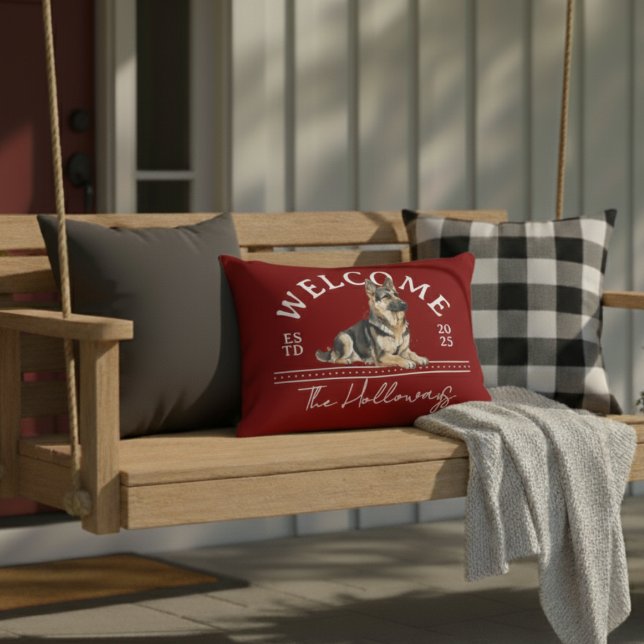 Deutscher Hirte - Familienname willkommen Dekokissen (Welcome guest to your home with this German Shepherd Custom Family Name Welcome Throw Pillow!)
