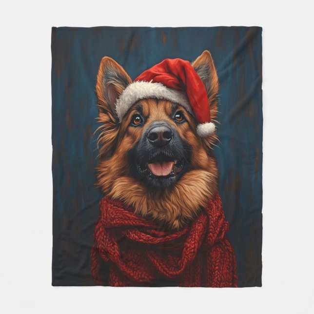 Deutscher Hirte in einer Weihnachtsmannmütze Fleecedecke (Vorderseite)