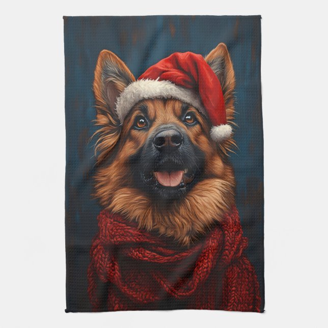 Deutscher Hirte in einer Weihnachtsmannmütze Geschirrtuch (Vertikal)