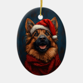 Deutscher Hirte in einer Weihnachtsmannmütze Keramik Ornament