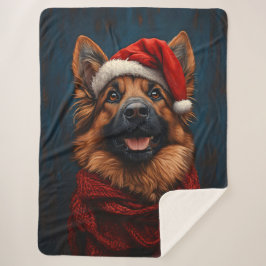 Deutscher Hirte in einer Weihnachtsmannmütze Sherpadecke