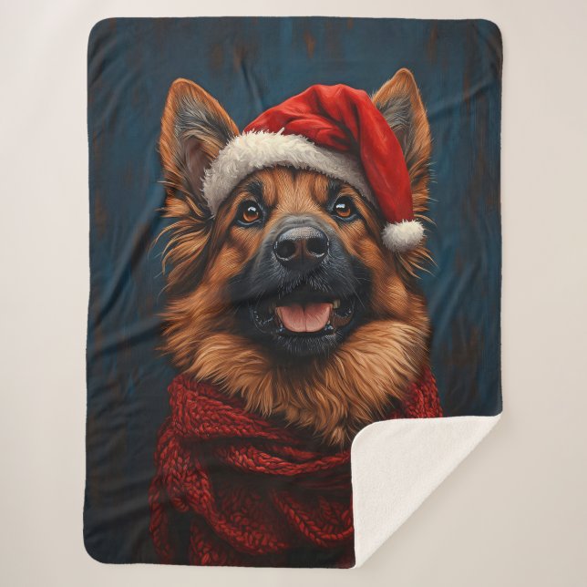 Deutscher Hirte in einer Weihnachtsmannmütze Sherpadecke (Vorderseite)
