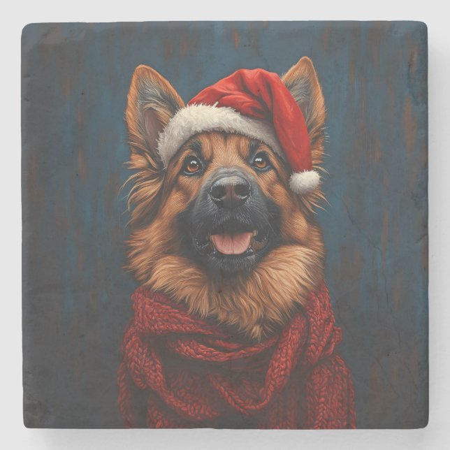 Deutscher Hirte in einer Weihnachtsmannmütze Steinuntersetzer (Vorderseite)