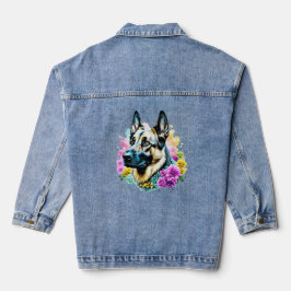 Deutscher Hirte in rosa und gelben Blumen Jeansjacke