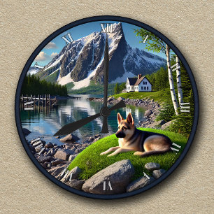 Deutscher Hirte Landschaft am Seeufer Runde Wanduhr