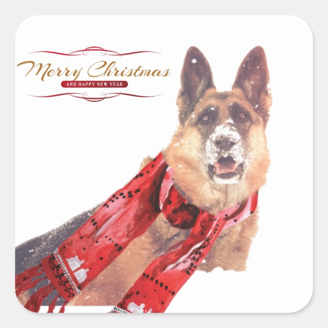 Deutscher Hirte mit Holiday Scarf Quadratischer Aufkleber (Vorderseite)