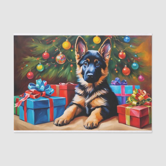 Deutscher Hirte mit Weihnachtsbaum und Geschenken Seidenpapier (Vorderseite)