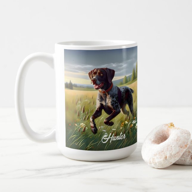 Deutscher Kurzzeitpointer läuft Kaffeetasse (Mit Donut)