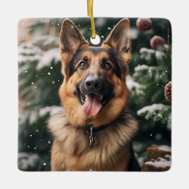 Deutscher Schäfer im Schnee Keramikornament (Vorderseite)
