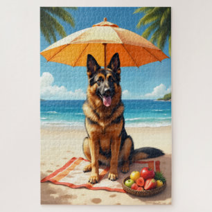 Deutscher Schäferhund am Strand entspannt sich