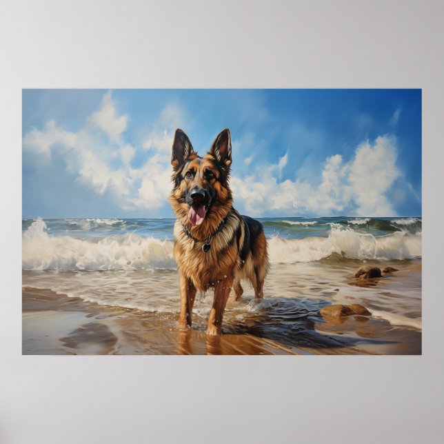 Deutscher Schäferhund am Strand Poster (Vorne)