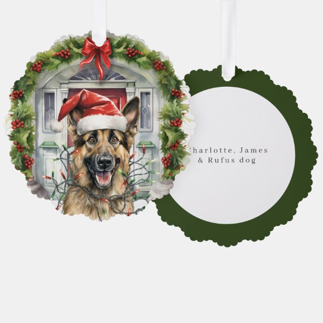 Deutscher Schäferhund an der Weihnachtsmannmütze W Ornament Karte (Vorderseite/Rückseite)