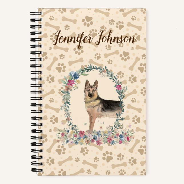 Deutscher Schäferhund Dog Paw Print & Floral Niedl Notizbuch (Vorderseite)