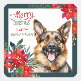 Deutscher Schäferhund Dog Poinsettia - Grenze Weih Quadratischer Aufkleber