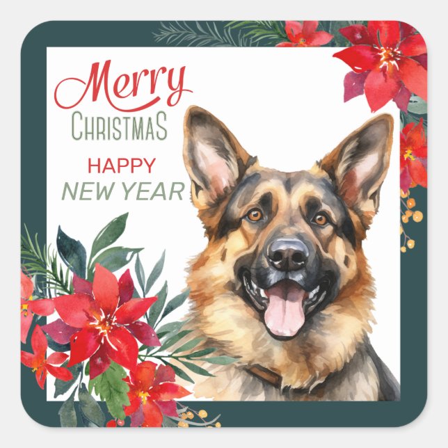 Deutscher Schäferhund Dog Poinsettia - Grenze Weih Quadratischer Aufkleber (Vorderseite)