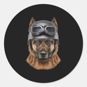 Deutscher Schäferhund, Fahrrad in Motorradhelm Runder Aufkleber