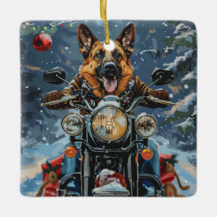 Deutscher Schäferhund fährt Motorrad Weihnachten Keramikornament