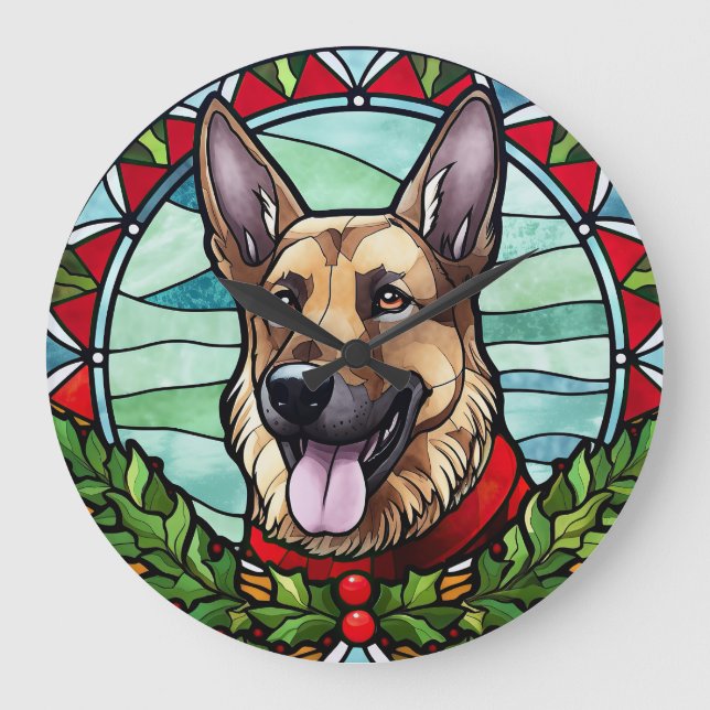 Deutscher Schäferhund Festglasweihnachtsfest Große Wanduhr (Vorderseite)
