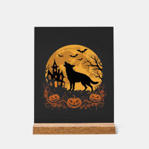 Deutscher Schäferhund Halloween Mond Kürbis Design Acrylschild