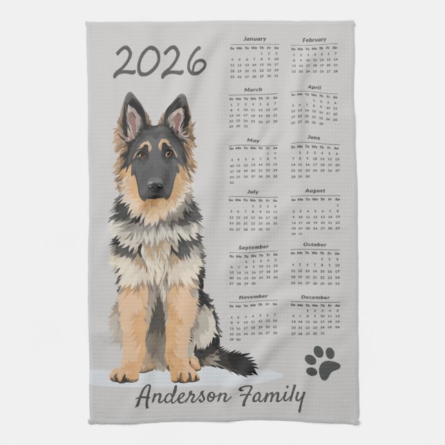 Deutscher Schäferhund Hund 2026 Teetuchkalender Geschirrtuch (Vertikal)