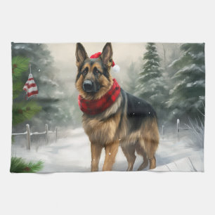 Deutscher Schäferhund im Schnee Weihnachten Geschirrtuch