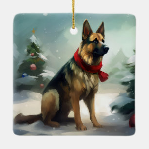 Deutscher Schäferhund im Schnee Weihnachten Keramikornament
