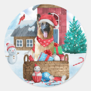 Deutscher Schäferhund im Schnee Weihnachtshundhaus Runder Aufkleber