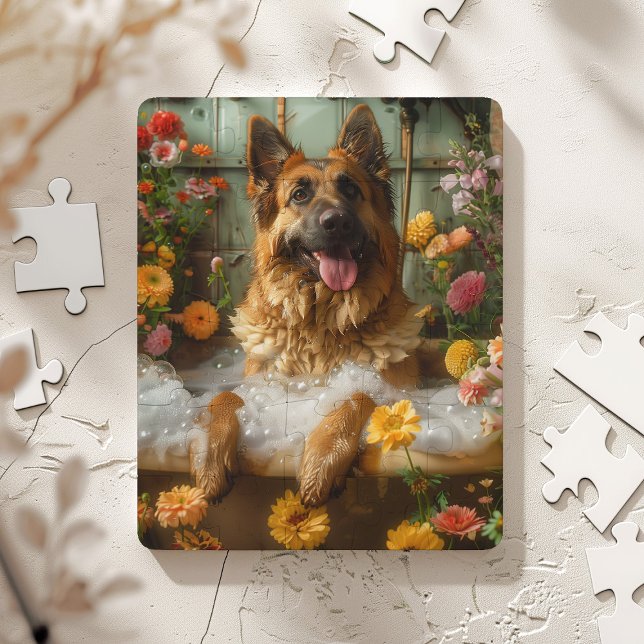 Deutscher Schäferhund in der Badewanne | German Sh (Whimsical German Shepherd in a beautiful bathroom filled with flowers)