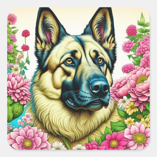 Deutscher Schäferhund in rosa Blume Kunst Quadratischer Aufkleber (Vorderseite)